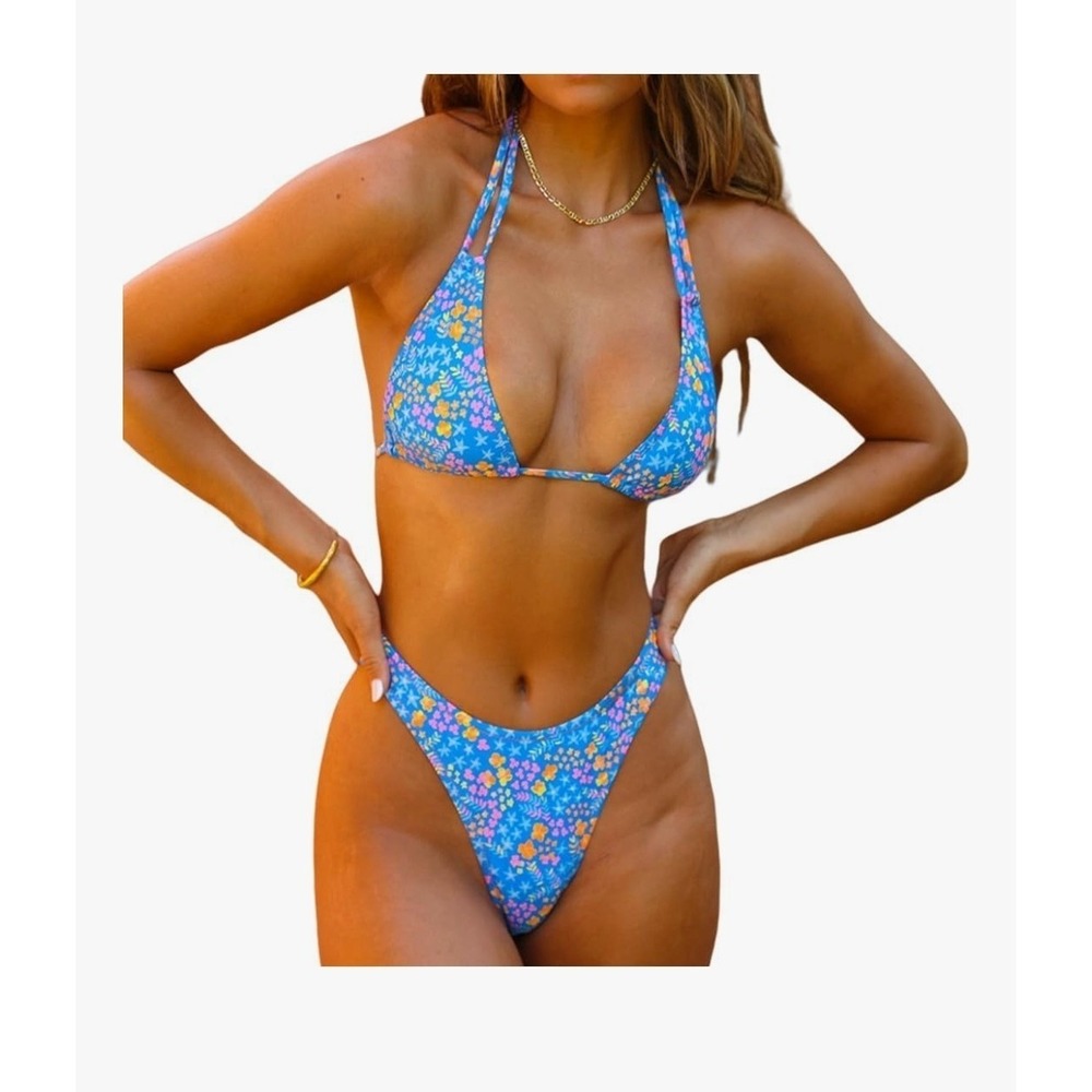 Floral Printed Cheeky Bikini Sets High Cut Swimsuit Sexy Triangle String Tie...